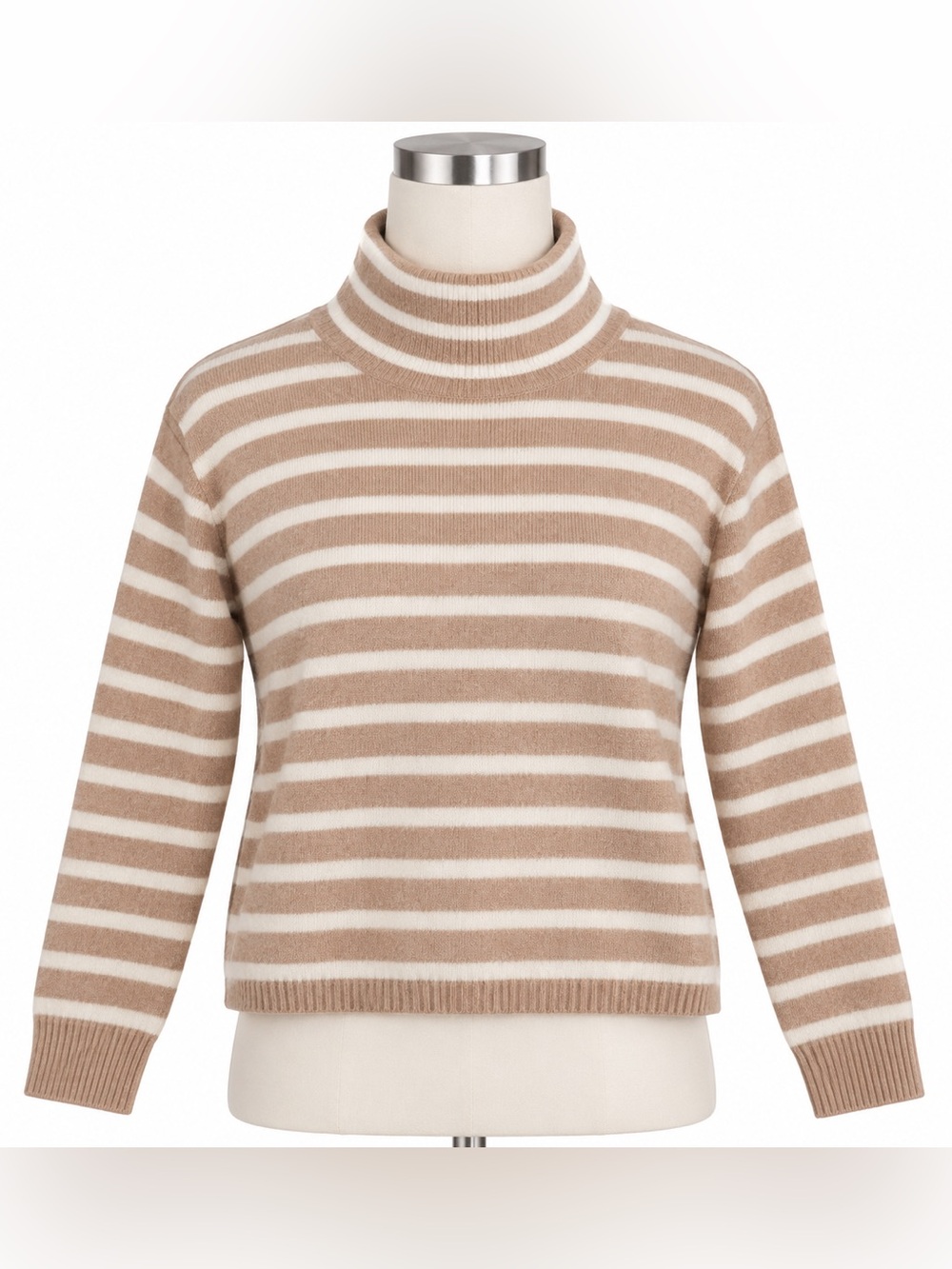 Halston 100% 2-Ply Cashmere Striped Turtleneck Sweater Medium Tan Cream
